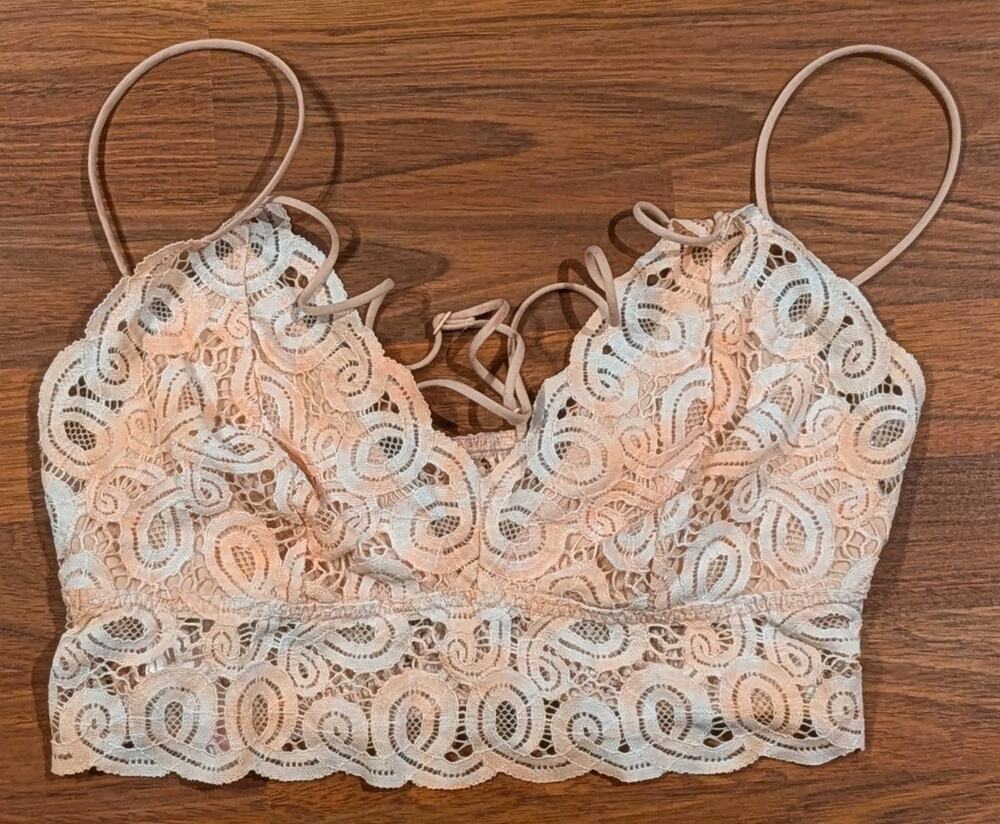 Victoria's Secret PINK Bralette XL Blush Peach Lace Strappy Wireless Bra Boho